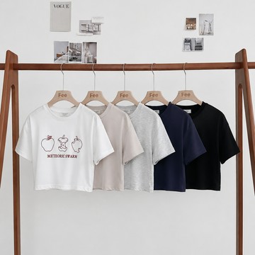 【FEE BABY 5色】圓領刺繡字母短袖顯瘦T恤🔥短版t恤 刺繡 韓系上衣 造型上衣 素色短袖 短袖上衣女 短t