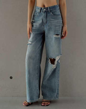 視覺長腿外掛；破損感刷色寬褲 S-L