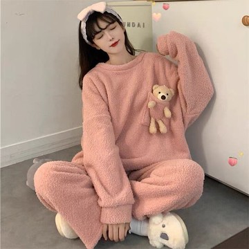 羊羔絨睡衣女ins韓國小熊可愛甜美少女珊瑚絨長袖純色家居服套裝