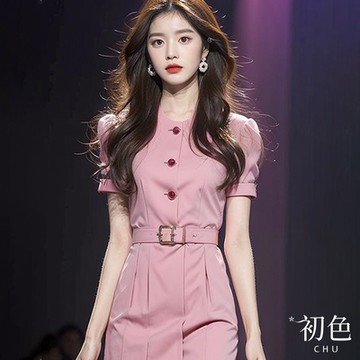 初色 圓領鈕扣裝飾法式收腰顯瘦短袖連身裙洋裝-粉紅色-35569(M-XL可選)