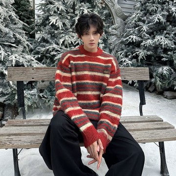 秋季美式復古寬鬆學院風條紋圓領毛衣男慵懶風百搭針織衫男