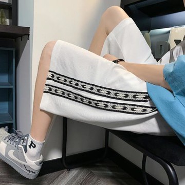 華夫格短褲男美式復古條紋織帶休閑褲夏季五分褲直筒寬松運動褲薄