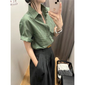 綠色棉麻正肩短袖襯衫女夏季薄款高級感超好看亞麻襯衣polo領上衣