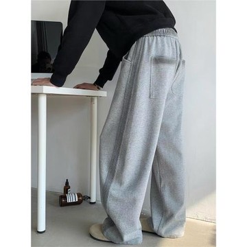 美式重磅灰色運動休閑彎刀褲男春秋季新款寬松秋冬加絨衛褲潮