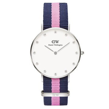 【Daniel Wellington】施華洛世奇水晶藍粉紅帆布腕錶-銀框/34mm(0962DW)