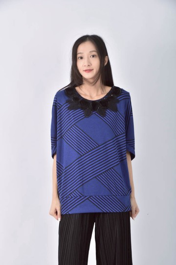 (F) hey條紋針織藍色短袖上衣