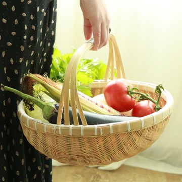 木善竹編提籃 手提竹籃子果籃 手工竹籃子竹編織手提菜籃竹籃1入