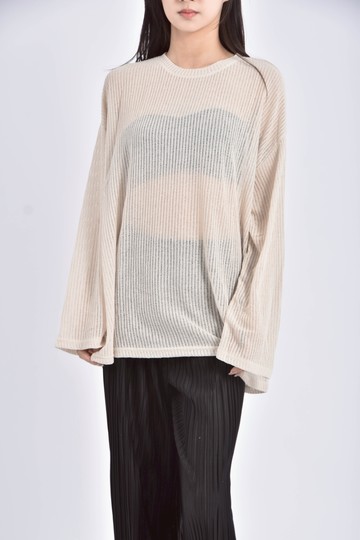 (F) planet質感圓領透膚杏色長袖上衣