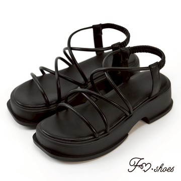 FM SHOES 方頭細帶厚底涼鞋 黑
