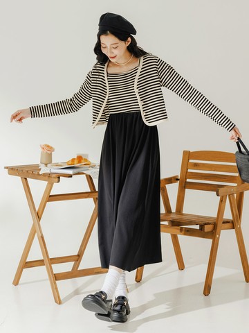 兩件式條紋外套A字肩帶洋裝