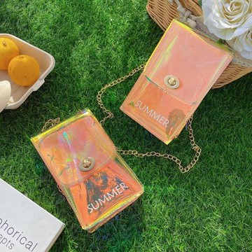 手機斜跨小方包鐳射透明鏈條2021夏日韓少女網紅幻彩單肩鎖鏈式包