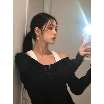 overdueflair韓國小眾設計低圓領長袖修身T恤短上衣女