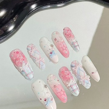 ✨台灣出貨✨糖糕半手工美甲穿戴多巴胺春日新款蝴蝶結指甲可愛顯白氣質高級