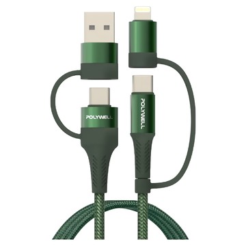 POLYWELL 寶利威爾 四合一PD編織快充線 USB-A+C+Lightning 適用安卓蘋果 PW15-W45-A274  1m  綠色  1條