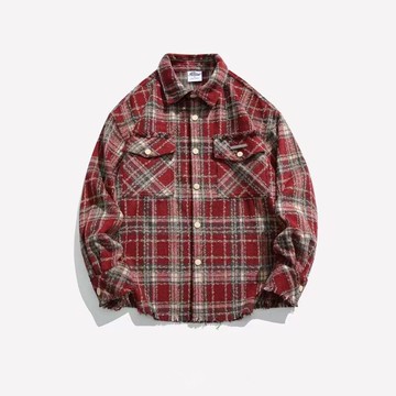 美式復古格子翻領襯衫夾克男 潮牌秋季寬鬆百搭休閒外套男