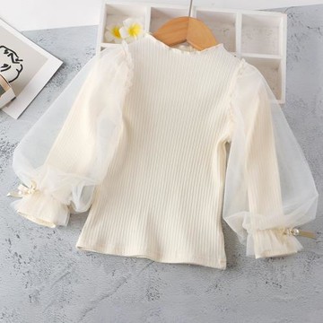 女童秋裝上衣紗袖新款洋氣兒童寶寶公主泡泡袖打底衫純棉長袖T恤