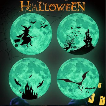 🎃夜光月球熒光貼畫 萬聖節超亮夜光貼紙 可發光夜光貼畫 萬聖節場景佈置 萬聖節發光墻紙幽靈巫女蝙蝠 兒童房臥室夜光墻畫