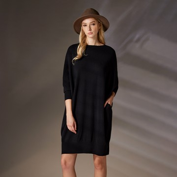 喀什米爾圓領落肩口袋羊絨洋裝(2色)
