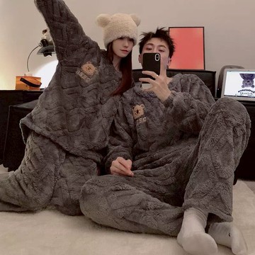 TLYS-J 圓領灰色小熊珊瑚絨加絨加厚睡衣