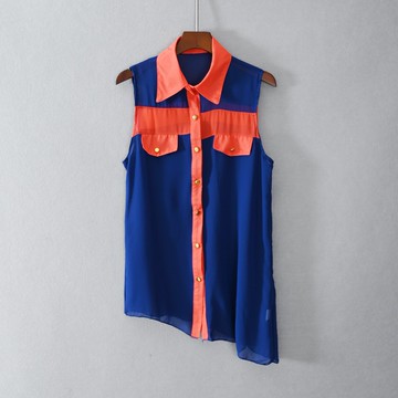 夏款女裝修身甜美瑞麗無袖翻領拼色不對稱襯衫輕薄時尚