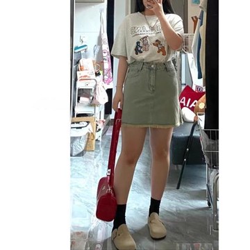 淺色毛邊牛仔短裙女高腰夏季大碼胖mm遮肚顯瘦梨形身材a字半身裙