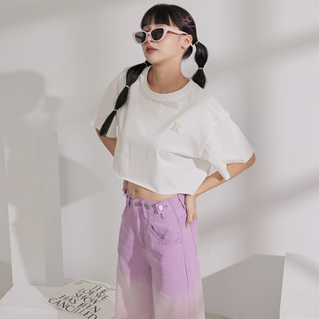 R字寬鬆短版T恤-白底杏標【KY19173】