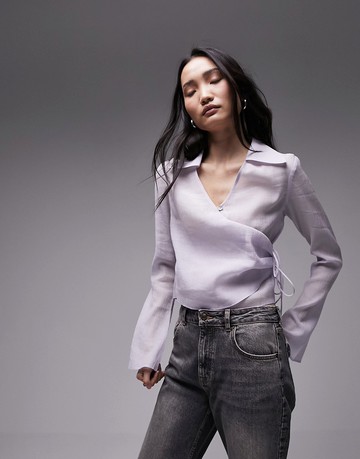 Topshop button front wrap top in lilac-Purple