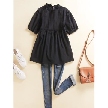 黑色棉麻上衣女顯瘦遮肉收腰小個子短袖2025夏天新款風琴褶皺襯衣