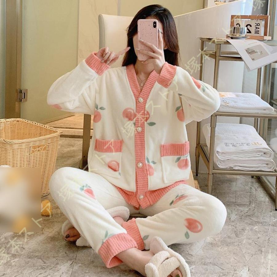 果物柄 ルームウェア パジャマ レディース 冬 セットアップ もこもこ パーカー パンツ パンツ ロングパンツ イチゴ柄 りんご柄 桃柄 前開きパジャマ  Vネック 通販 LINEポイント最大0.5%GET LINEショッピング