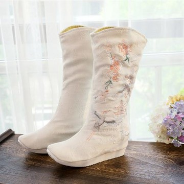 新款復古漢服靴老北京布靴刺繡高筒靴民族風長筒靴繡花布鞋女布靴