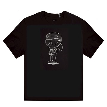 KARL LAGERFELD 卡爾 大網點線條Q版老佛爺棉質短T恤.黑