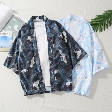 漢服男夏季古裝中國風仙氣仙鶴道袍寬松大碼復古開衫7分袖襯衫潮