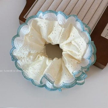 薄荷綠清新花邊奶白布藝刺繡蕾絲花邊大腸發圈少女扎馬尾皮筋發飾
