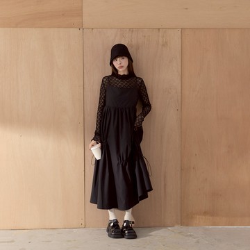 不對稱抽皺細肩長洋裝 兩色售