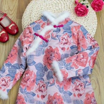 秋冬加厚長袖貂毛鑲邊女童旗袍