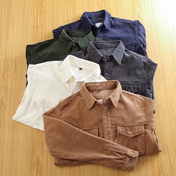 品質牛貨 100全棉！外貿男裝尾貨秋季休閑純色寬松工裝燈芯絨襯衫