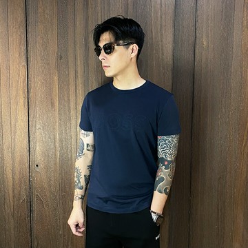 美國百分百【全新真品】BOSS 短袖 棉質 T恤 圓領 T-shirt 休閒 上衣 LOGO 短T 黑色/深藍 CX04