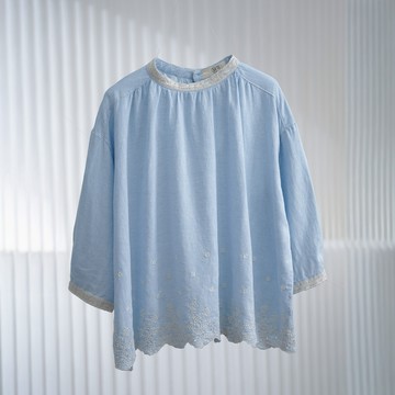 蕾絲刺繡棉麻七分袖上衣818534