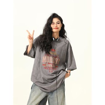 野生阿子美式復古高街頭印花短袖T恤男女潮牌小眾設計感水洗體恤