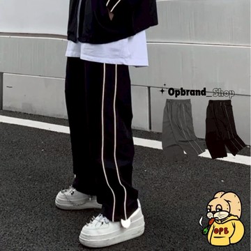 【OPB】尼龍褲 闊腿 雙細線 風褲 線條 下擺抽繩 Y2K  雙線 運動風 寬鬆 運動褲 男女皆可
