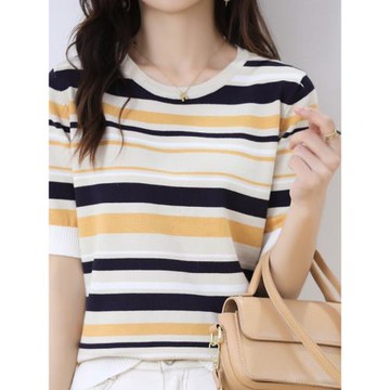 時尚百搭冰絲針織條紋短袖女夏季圓領寬松T恤純棉線半袖棉麻上衣