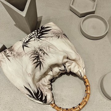 免運🔮復古色苧麻水墨竹子印花竹節包F.Green浮綠原創新中式配旗袍漢服側背包 斜背包 肩背包 托特包 水桶包 通勤包