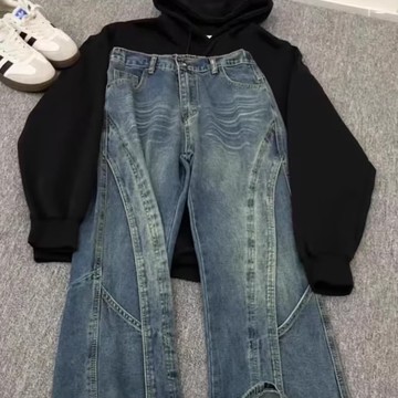 秋冬季復古潮流拖地牛仔褲男新款直筒百搭寬鬆闊腿休閒褲子男潮