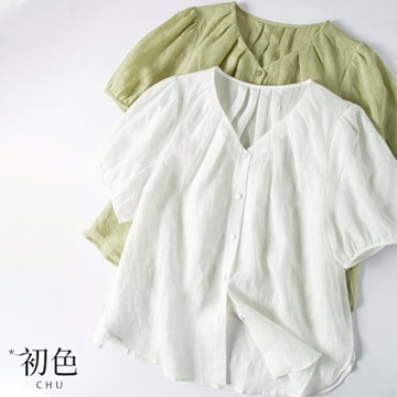 初色 純色寬鬆直筒透氣V領短袖襯衫上衣女上衣-共2色-12660(M-2XL可選)