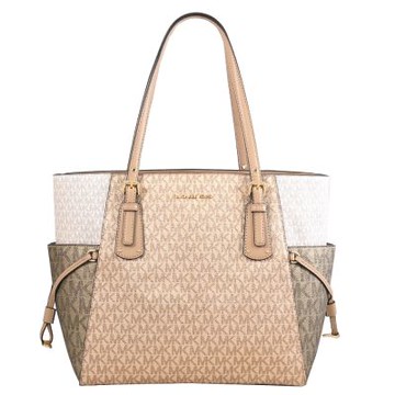 MICHAEL KORS VOYAGER 經典MK細閃印花皮革拼接雙層托特包(卡其)