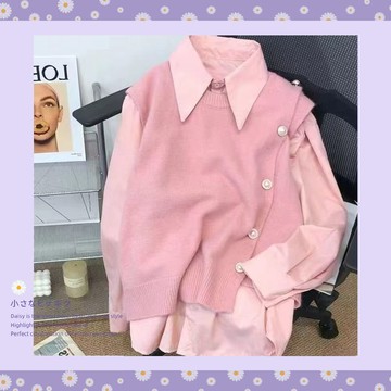 襯衫套裝女  春秋新款 日係溫柔風寬鬆軟糯針織馬甲+氣質百搭長袖襯衫 學院風 可愛休閒上衣