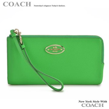 COACH 綠皮荔枝皮革馬車長夾手拿包