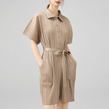 【米蘭精品】現貨+預購三宅風皺褶衣服摺褲寬鬆闊腿褲寬褲摺衣彈力短褲折衣大碼-POLO連身女褲子4色74mm61