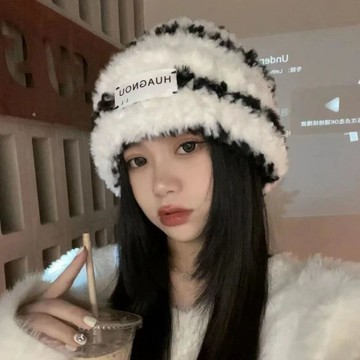 冬天帽子 毛線毛絨帽 保暖帽子 帽子女帽子冬天毛茸茸韓版條紋顯臉小毛絨保暖毛線帽女大頭圍護耳包頭帽11/7