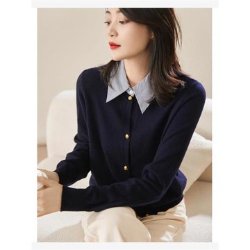 2026秋冬鑫欣阿瑪施艾正新款氣質polo領開衫小眾假兩件拼接針織衫